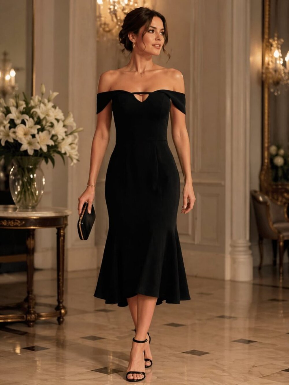NWT JARLO LONDON Blithe Black Crepe Midi Dress Gown Flounce Hi Low Hem 4